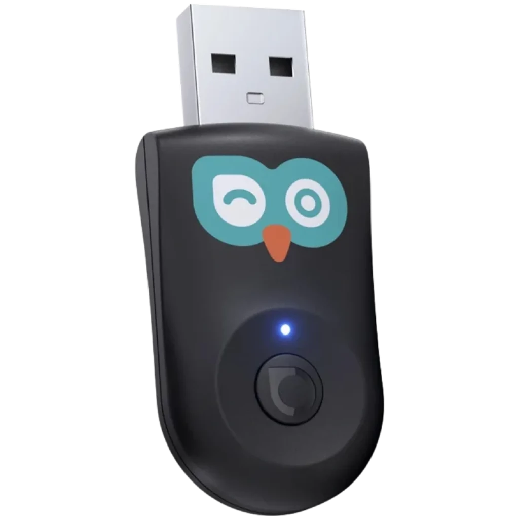 Módulo Cabin Care Ottocast con cámara frontal y LED, diseño tipo búho en negro con detalles turquesa, soporte ajustable para montaje en el coche