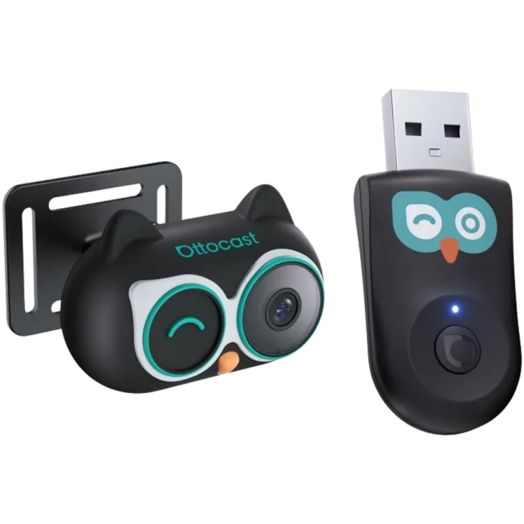 Adaptador inalámbrico Ottocast CarPlay con conector USB, carcasa negra compacta, logotipo de búho en color y luz LED azul indicadora, botón frontal circular