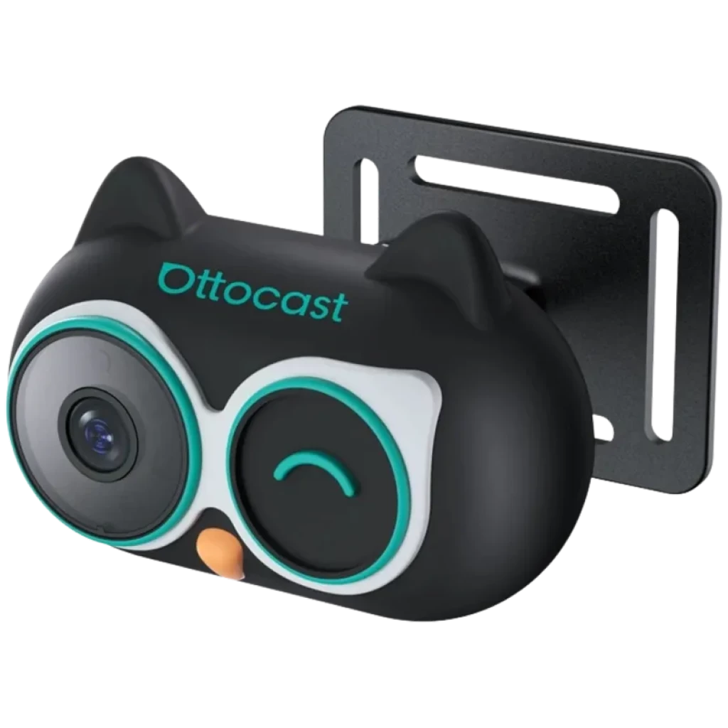 Adaptador inalámbrico Ottocast CarPlay con cámara Cabin Care en forma de búho, lente doble, luz LED y receptor USB; diseño compacto y soporte metálico