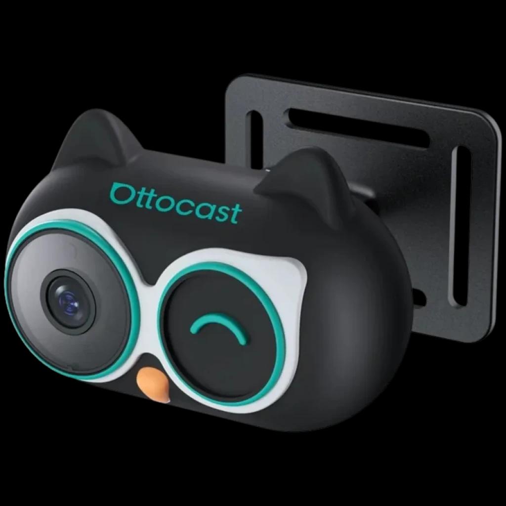 Adaptador inalámbrico Ottocast CarPlay con cámara Cabin Care en forma de búho, lente doble, luz LED y receptor USB; diseño compacto y soporte metálico