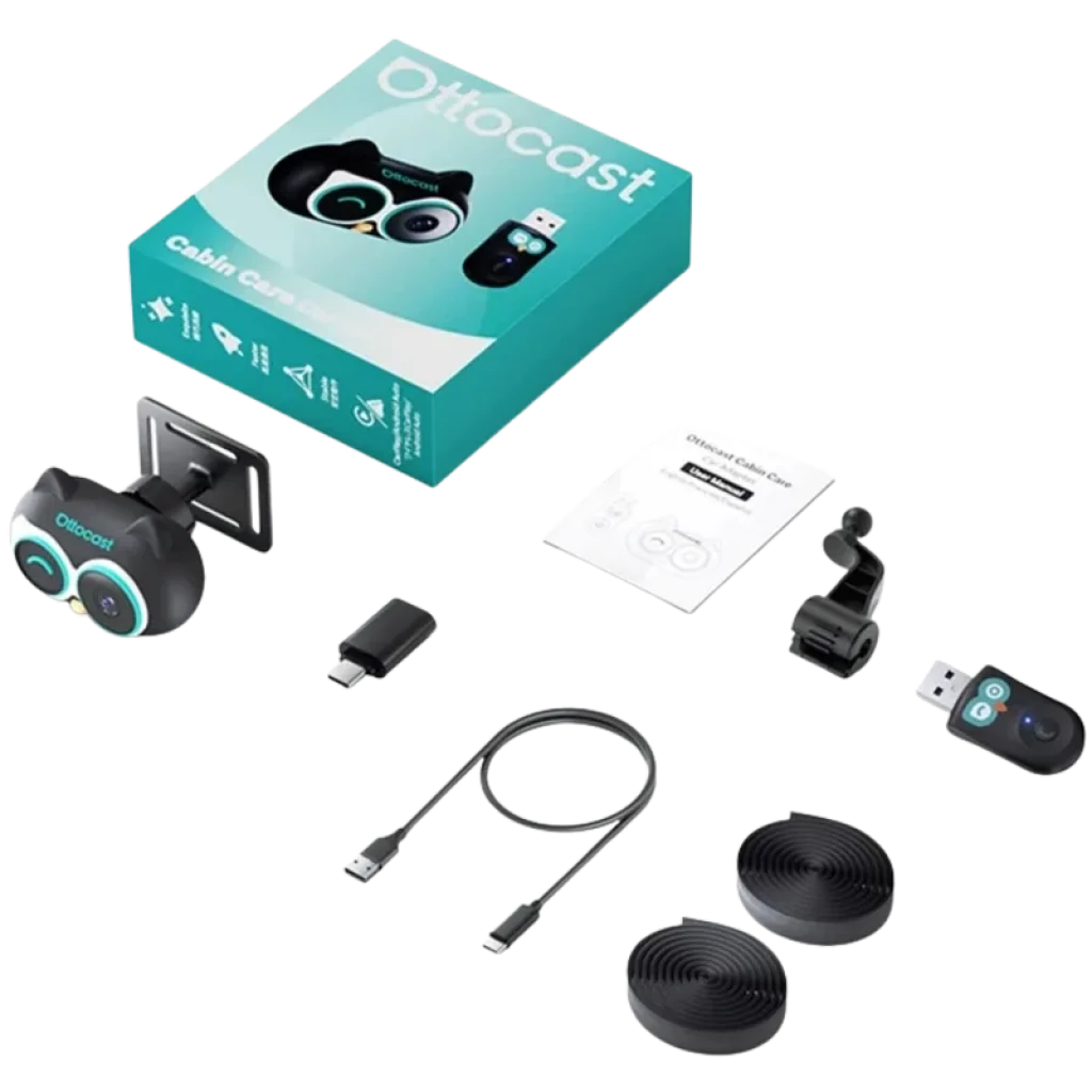 Cámara accesorio Ottocast con diseño tipo búho, doble lente y luz LED, montura metálica ajustable para salpicadero, pensada para Cabin Care y CarPlay