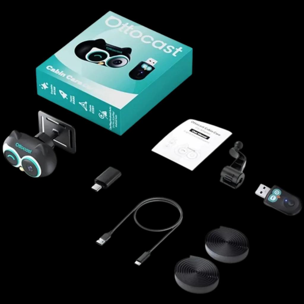 Cámara accesorio Ottocast con diseño tipo búho, doble lente y luz LED, montura metálica ajustable para salpicadero, pensada para Cabin Care y CarPlay