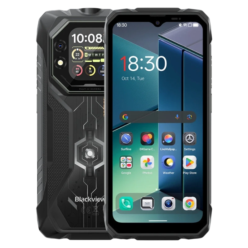 Blackview Rock 1 preto robusto com ecrã principal e secundário 2,01 pol, estrutura reforçada, câmara traseira tripla e bateria 15000 mAh, 8 GB RAM, 256 GB