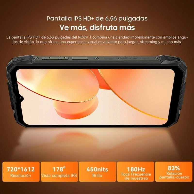 Blackview Rock 1 con pantalla IPS HD+ de 6,56 pulgadas, biseles robustos, relación cuerpo 83 %, brillo 450 nits, 180 Hz tacto y 178° de visión