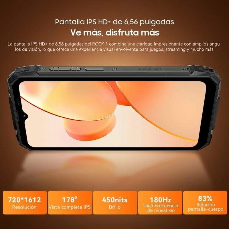 Blackview Rock 1 con pantalla IPS HD+ de 6,56 pulgadas, biseles robustos, relación cuerpo 83 %, brillo 450 nits, 180 Hz tacto y 178° de visión