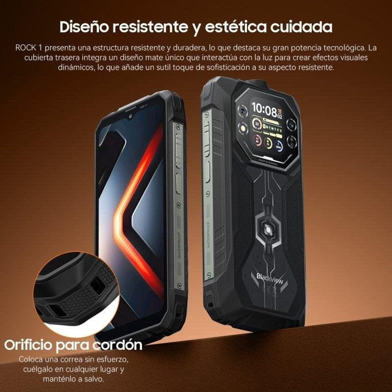 Blackview Rock 1 robusto con cuerpo rugerizado, pantalla frontal y secundaria de 2,01 pulgadas, módulo trasero con widgets, orificio para cordón y acabado
