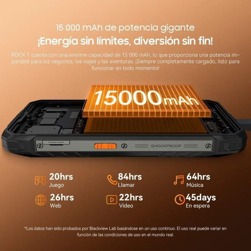 Blackview Rock 1 robusto con batería 15000 mAh, pantalla secundaria 2,01 pulgadas, 8 GB RAM, cuerpo shockproof, puertos sellados y diseño resistente