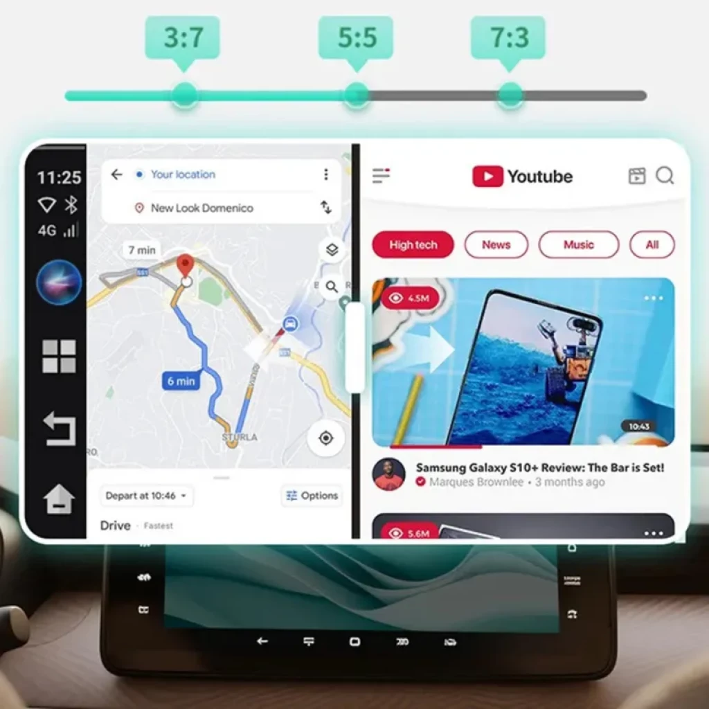 Pantalla dividida CarPlay y Android: navegación con mapa y YouTube simultáneos. Interfaz moderna, indicadores 4G y WiFi, controles táctiles claros y brillo