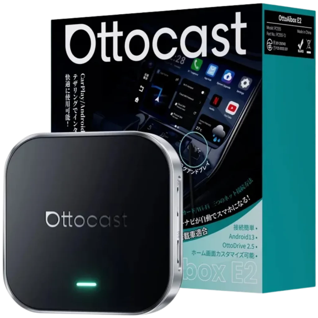 Ottocast OttoAibox E2: caja multimedia compacta negra con bordes curvos y logo iluminado, junto a empaque que destaca CarPlay, Android y puerto USB-C