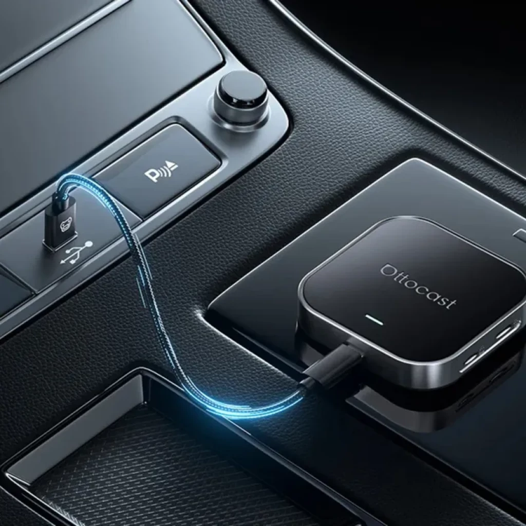 Adaptador Ottocast OttoAibox E2 compacto y negro, con bordes metálicos, conectado por cable USB en consola de coche, LED azul indicando actividad