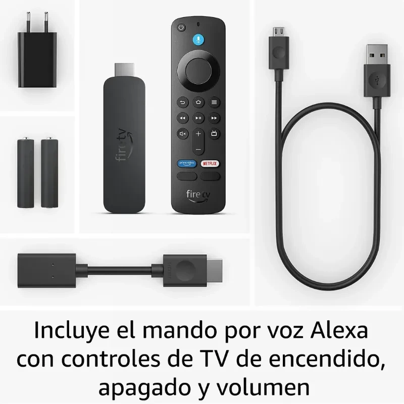 Amazon Fire TV Stick 4K Plus gris con mando por voz Alexa, adaptador HDMI, cable USB, cargador y pilas; botones de encendido, volumen y apps streaming
