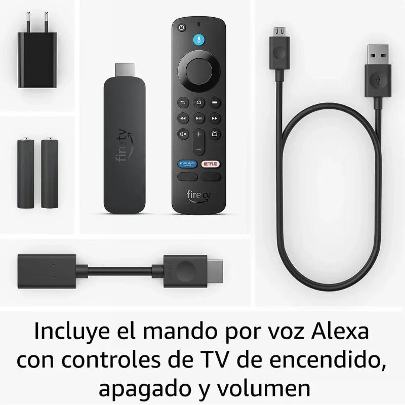 Amazon Fire TV Stick 4K Plus gris con mando por voz Alexa, adaptador HDMI, cable USB, cargador y pilas; botones de encendido, volumen y apps streaming