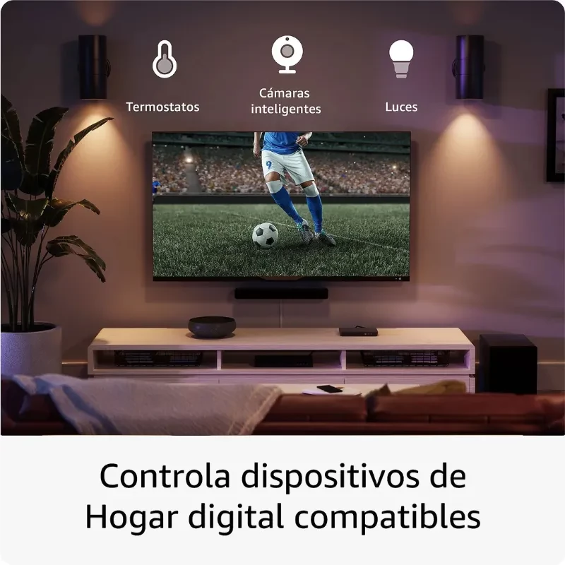 Amazon Fire TV Stick 4K Plus con interfaz en TV, muestra control de termostatos, cámaras y luces; compatible con WiFi 6 y mando por voz Alexa en sala moderna