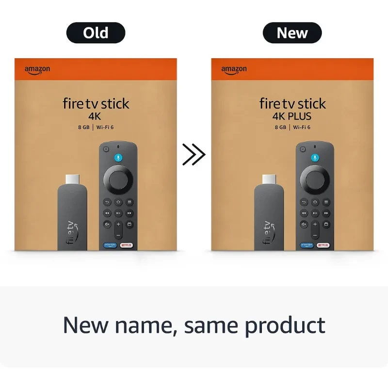 Caja de Amazon Fire TV Stick 4K Plus: dongle negro con logo fire tv, mando por voz con Alexa, botones de control, texto 8 GB y Wi‑Fi 6, diseño Old vs New