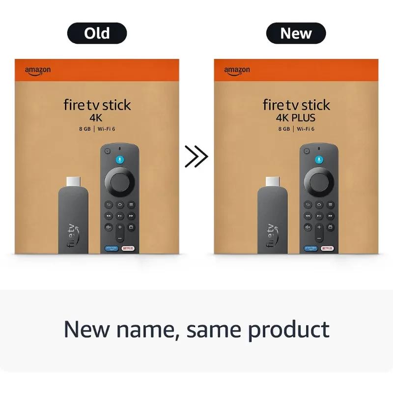 Caja de Amazon Fire TV Stick 4K Plus: dongle negro con logo fire tv, mando por voz con Alexa, botones de control, texto 8 GB y Wi‑Fi 6, diseño Old vs New