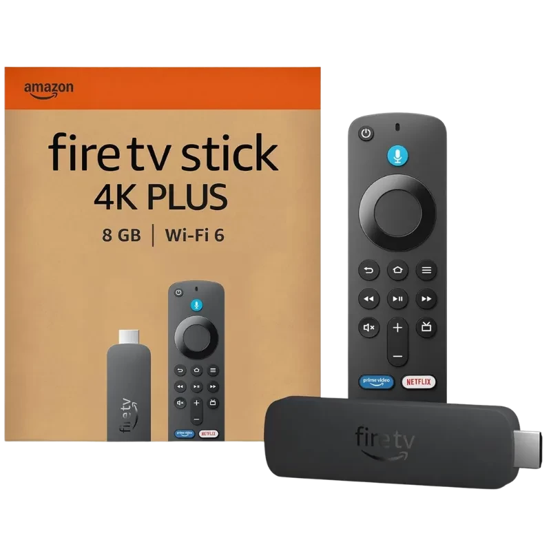 Amazon Fire TV Stick 4K Plus con 8 GB y WiFi 6, dongle HDMI negro y mando por voz con Alexa, botones de control de TV y apps, caja naranja incluída