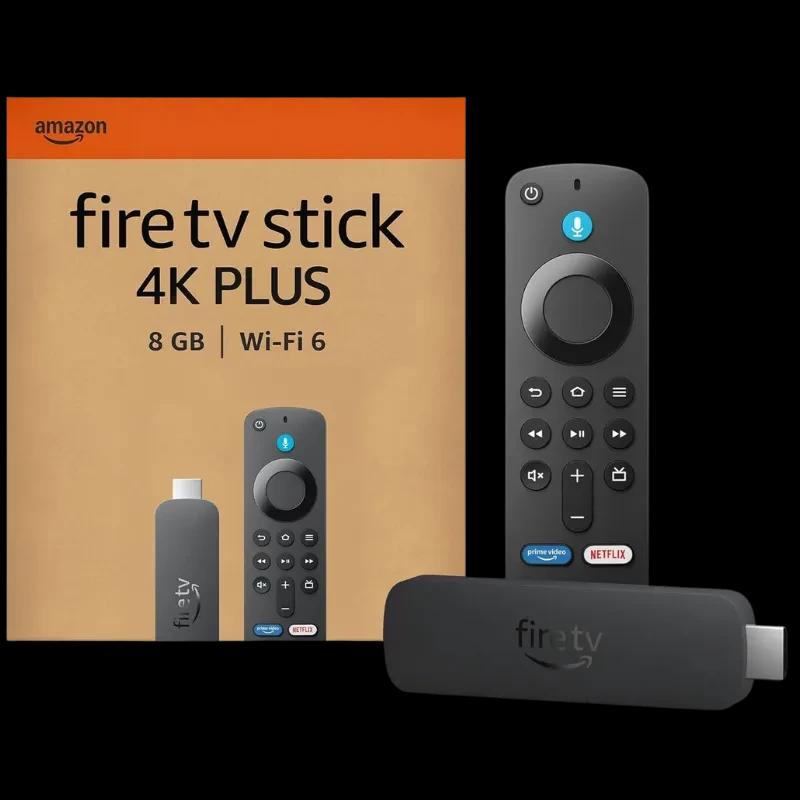 Amazon Fire TV Stick 4K Plus con 8 GB y WiFi 6, dongle HDMI negro y mando por voz con Alexa, botones de control de TV y apps, caja naranja incluída
