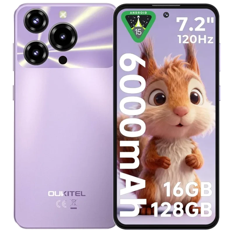 Oukitel C69 morado con triple cámara trasera, pantalla 7.2 pulgadas 120 Hz y agujero central, texto destaca 6000 mAh, 16 GB y 128 GB en el frontal