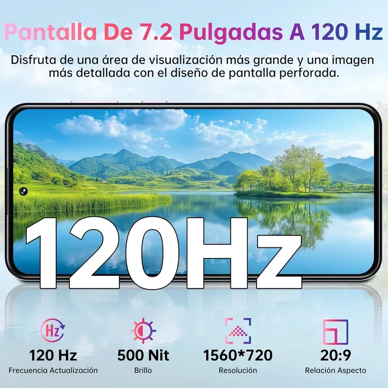 Oukitel C69 Negro con pantalla perforada de 7.2 pulgadas, 120 Hz, relación 20:9, resolución 1560x720 y brillo de 500 nits; 128GB y RAM expandible 4GB