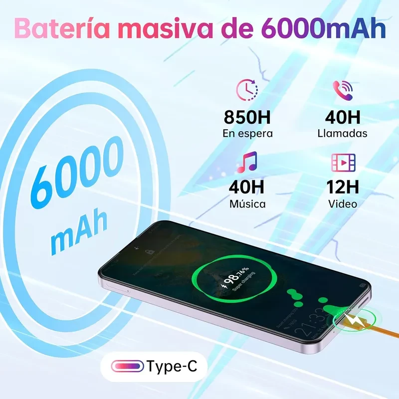 Batería 6000mAh con carga Type-C, indicador de 98% en pantalla. Autonomía: 850h en espera, 40h llamadas, 40h música, 12h video. Color negro.