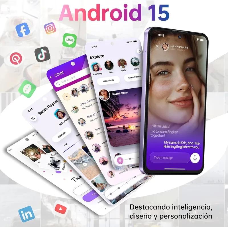 Oukitel C69 negro con pantalla de 7.2 pulgadas, interfaz Android 15, cámara frontal en pantalla y diseño estilizado; almacenamiento 128GB y RAM expandible