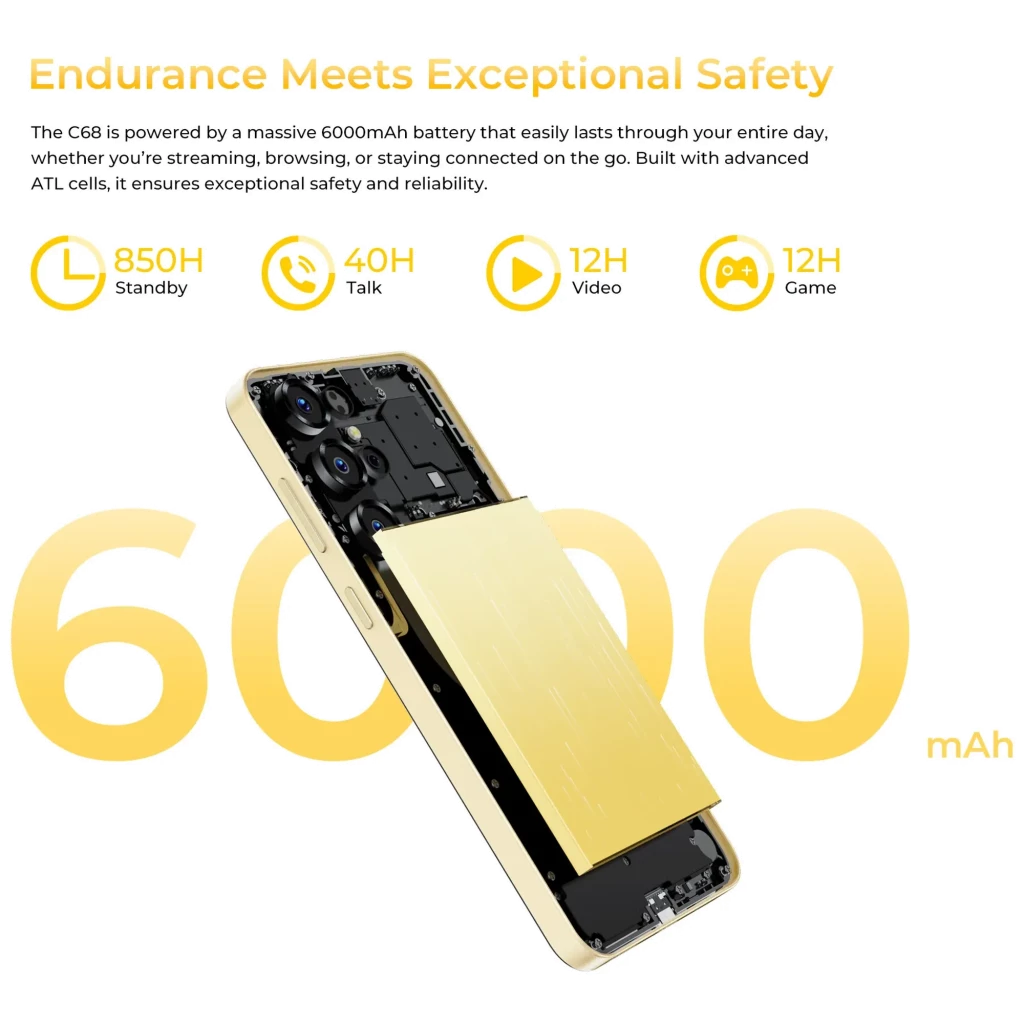 Oukitel C68 dorado con gran batería 6000 mAh destacada, triple cámara visible y diseño delgado; iconos indican 120 Hz, 4 GB RAM, 128 GB y larga duración