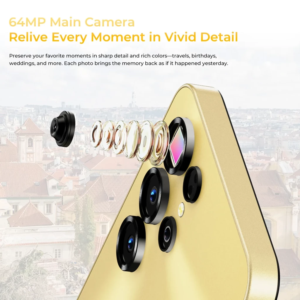 Módulo de cámara trasera dorado del Oukitel C68 con sensor principal de 64 MP, múltiples lentes y anillos, detalle del conjunto óptico destacado