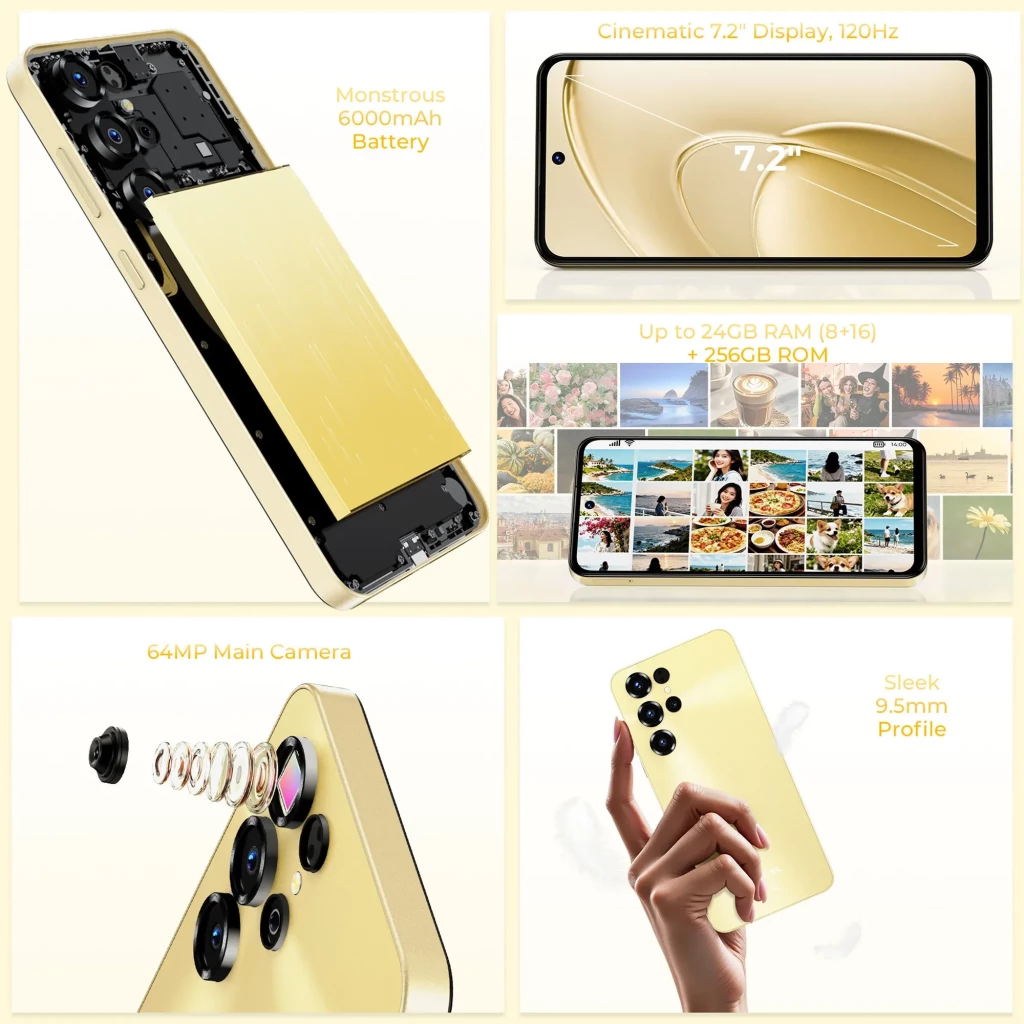 Oukitel C68 dorado con pantalla 7.2 pulgadas 120 Hz, cámara principal 64 MP con módulos visibles, batería 6000 mAh, perfil delgado 9.5 mm, 128 GB y 4 GB RAM