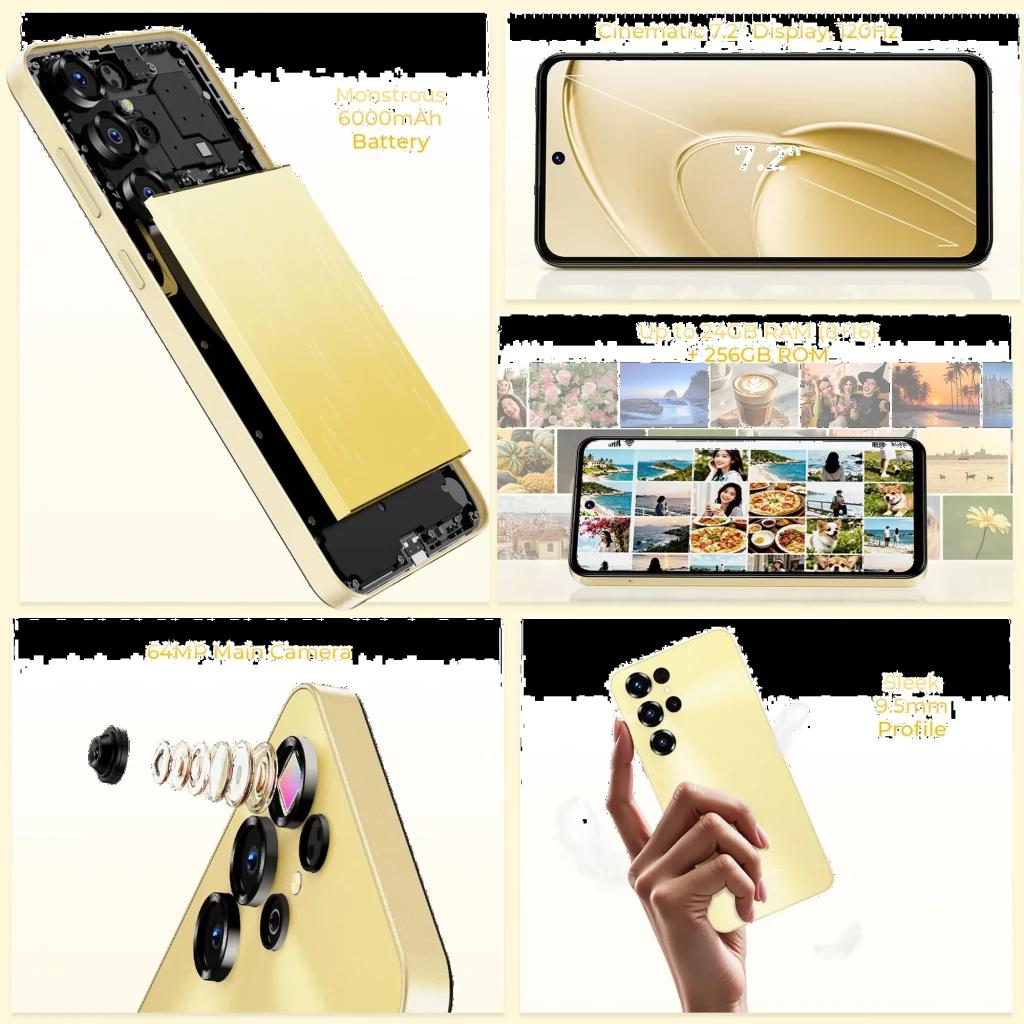 Oukitel C68 dorado con pantalla 7.2 pulgadas 120 Hz, cámara principal 64 MP con módulos visibles, batería 6000 mAh, perfil delgado 9.5 mm, 128 GB y 4 GB RAM