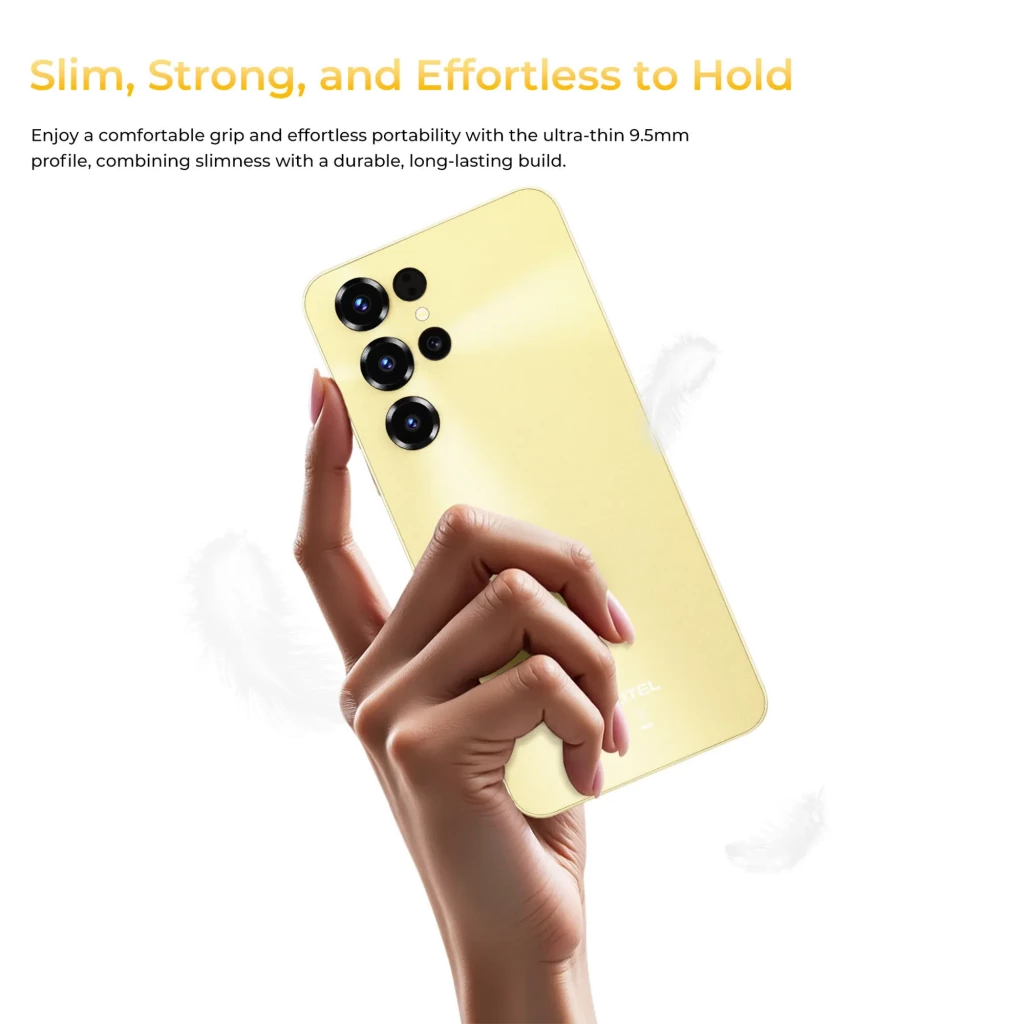 Smartphone Oukitel C68 dorado sosteniendo en mano, diseño delgado 9.5 mm, triple cámara trasera con módulos grandes, acabado mate elegante y ligero