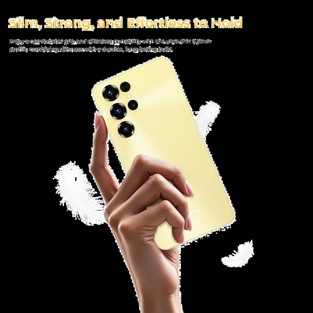 Smartphone Oukitel C68 dorado sosteniendo en mano, diseño delgado 9.5 mm, triple cámara trasera con módulos grandes, acabado mate elegante y ligero