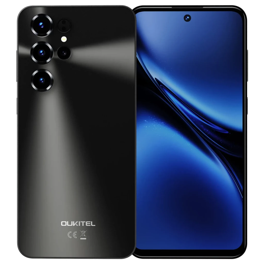 Oukitel C68 gris con pantalla de 7.2 pulgadas, marco delgado, perforación central y módulo trasero con cuatro lentes y flash; acabado brillante elegante