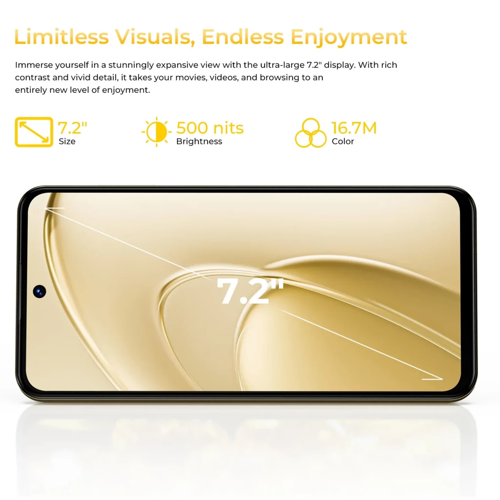 Oukitel C68 dorado con pantalla 7.2 pulgadas, biseles delgados y cámara frontal en orificio; panel luminoso 500 nits y 16.7M colores, fluidez 120 Hz