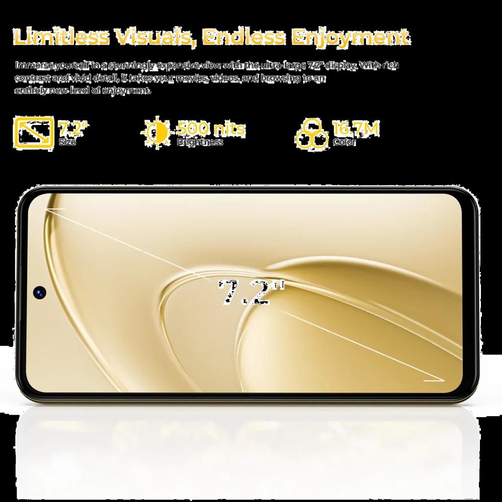 Oukitel C68 dorado con pantalla 7.2 pulgadas, biseles delgados y cámara frontal en orificio; panel luminoso 500 nits y 16.7M colores, fluidez 120 Hz