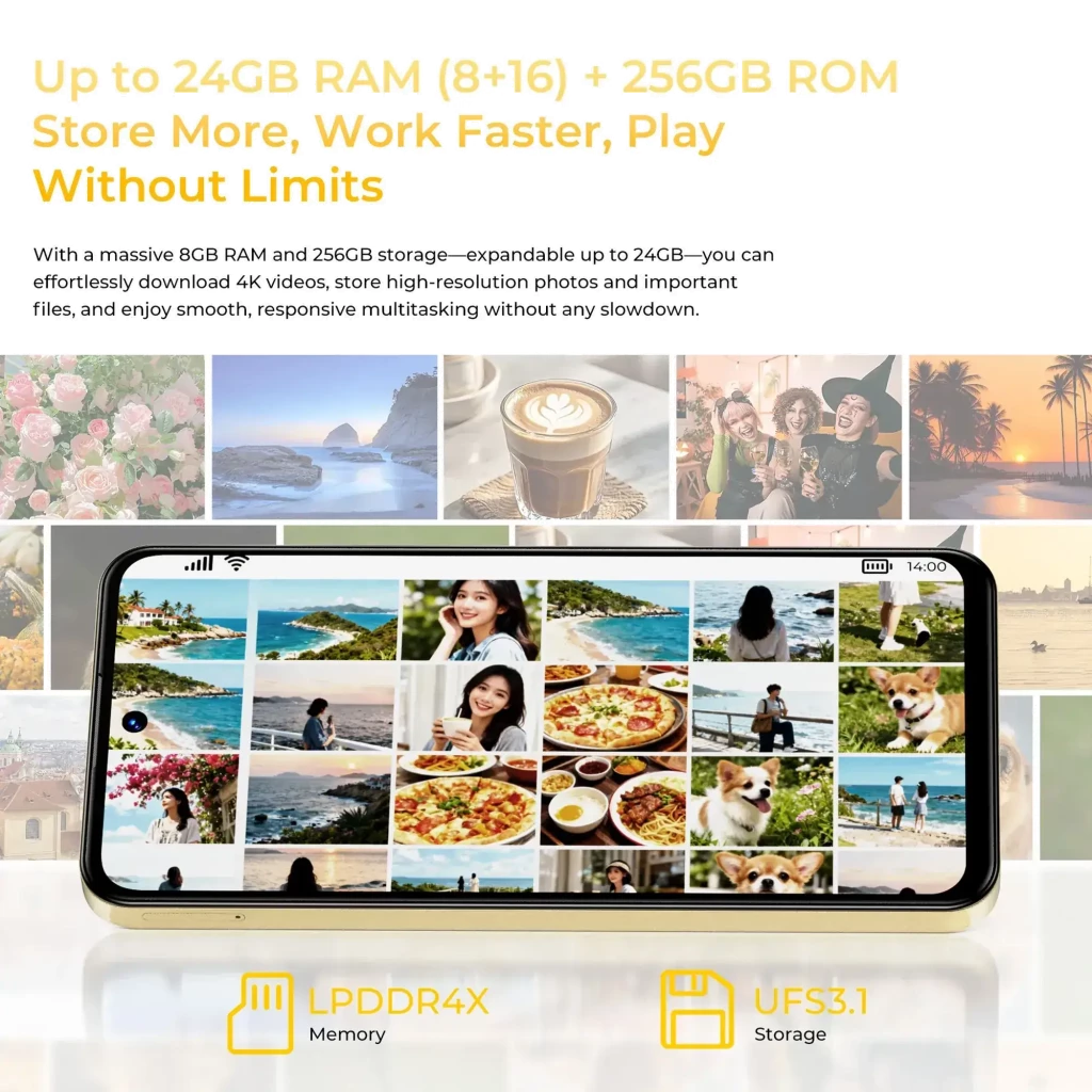 Smartphone Oukitel C68 dorado con pantalla amplia sin bordes, tasa de refresco 120 Hz, mostrando galería de fotos; diseño delgado y moderno en primer plano