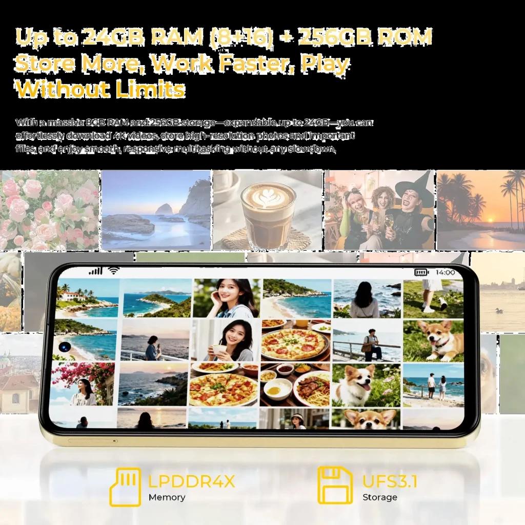 Smartphone Oukitel C68 dorado con pantalla amplia sin bordes, tasa de refresco 120 Hz, mostrando galería de fotos; diseño delgado y moderno en primer plano