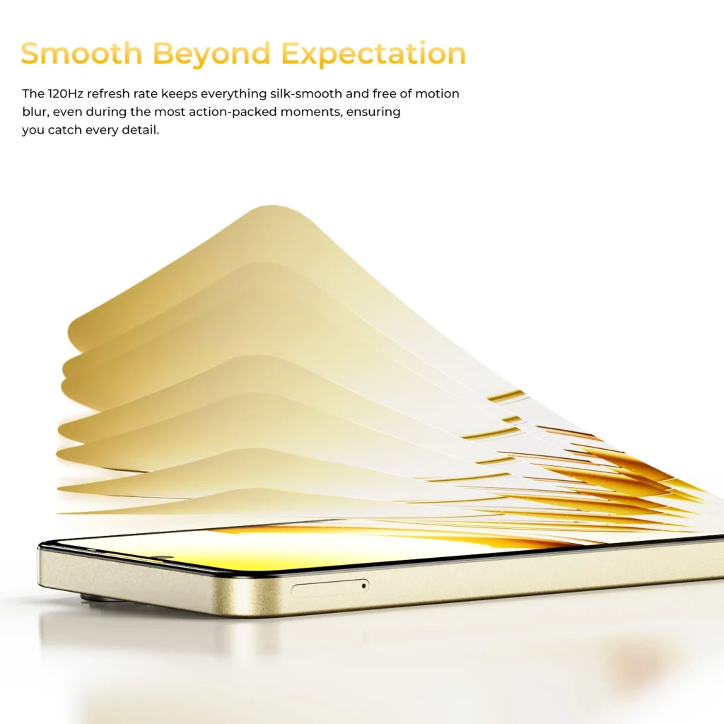 Oukitel C68 dorado con pantalla plana y bordes rectos, módulo de cámara trasera rectangular y efecto visual que sugiere tasa de refresco de 120 Hz