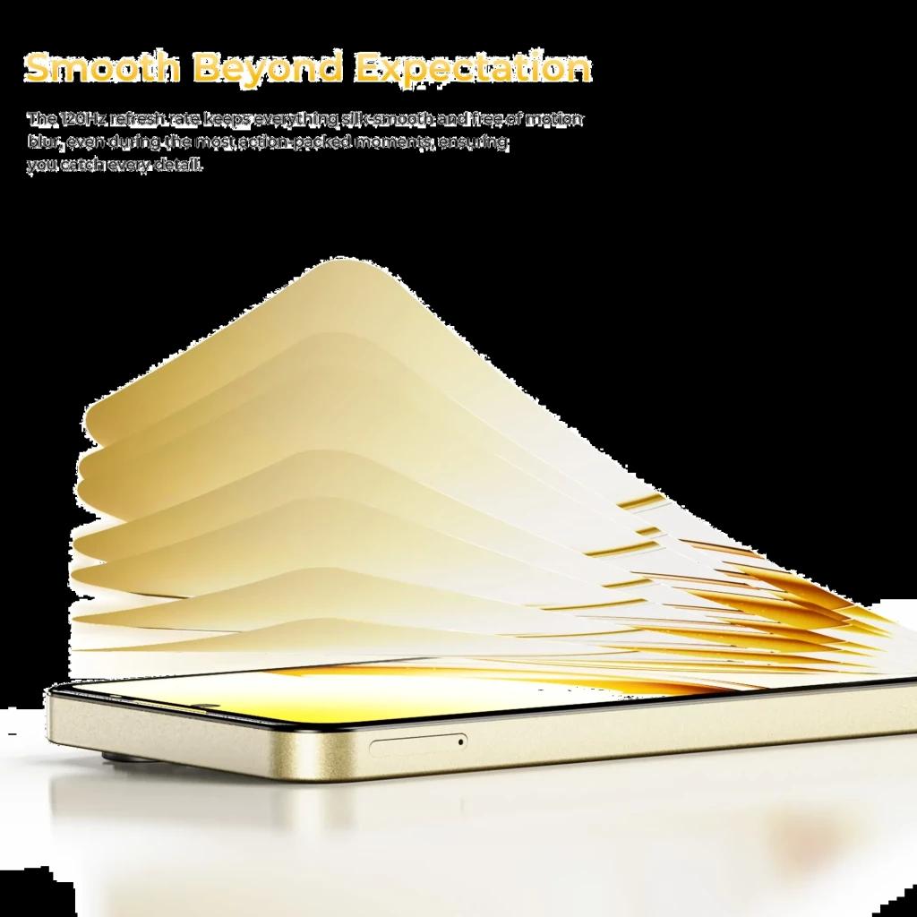 Oukitel C68 dorado con pantalla plana y bordes rectos, módulo de cámara trasera rectangular y efecto visual que sugiere tasa de refresco de 120 Hz