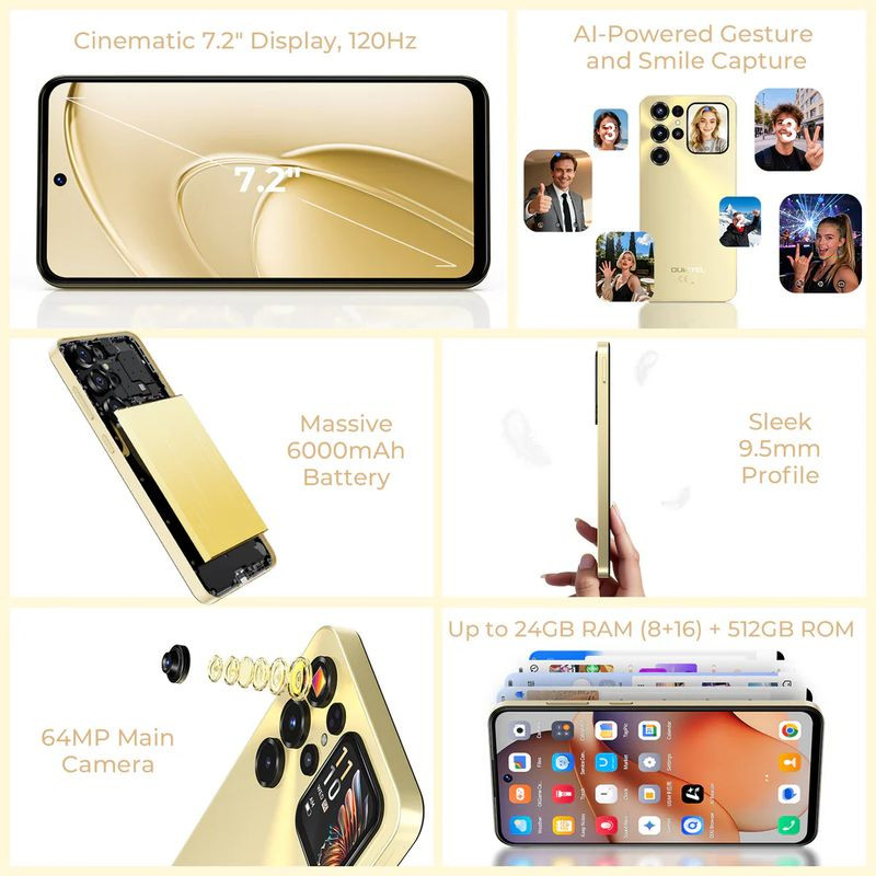 Detalles del smartphone con su pantalla de 7.2 pulgadas y batería de 6000 mAh