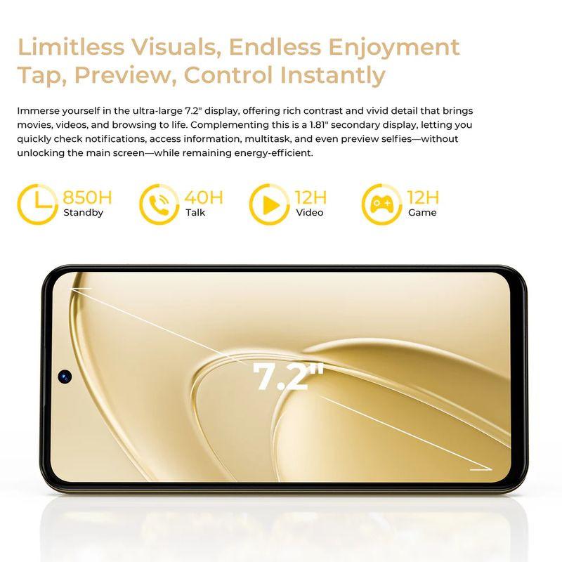 Pantalla de 7.2 pulgadas con resolución HD+ 720 x 1560 px con un brillo de 500 nits y una batería de 6000 mAh