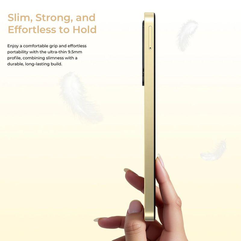 Oukitel C68 Plus dorado con módulo de cámara triple 64 MP, batería 6000 mAh, 4 GB RAM y 128 GB. Diseño con vista interna y panel trasero destacado