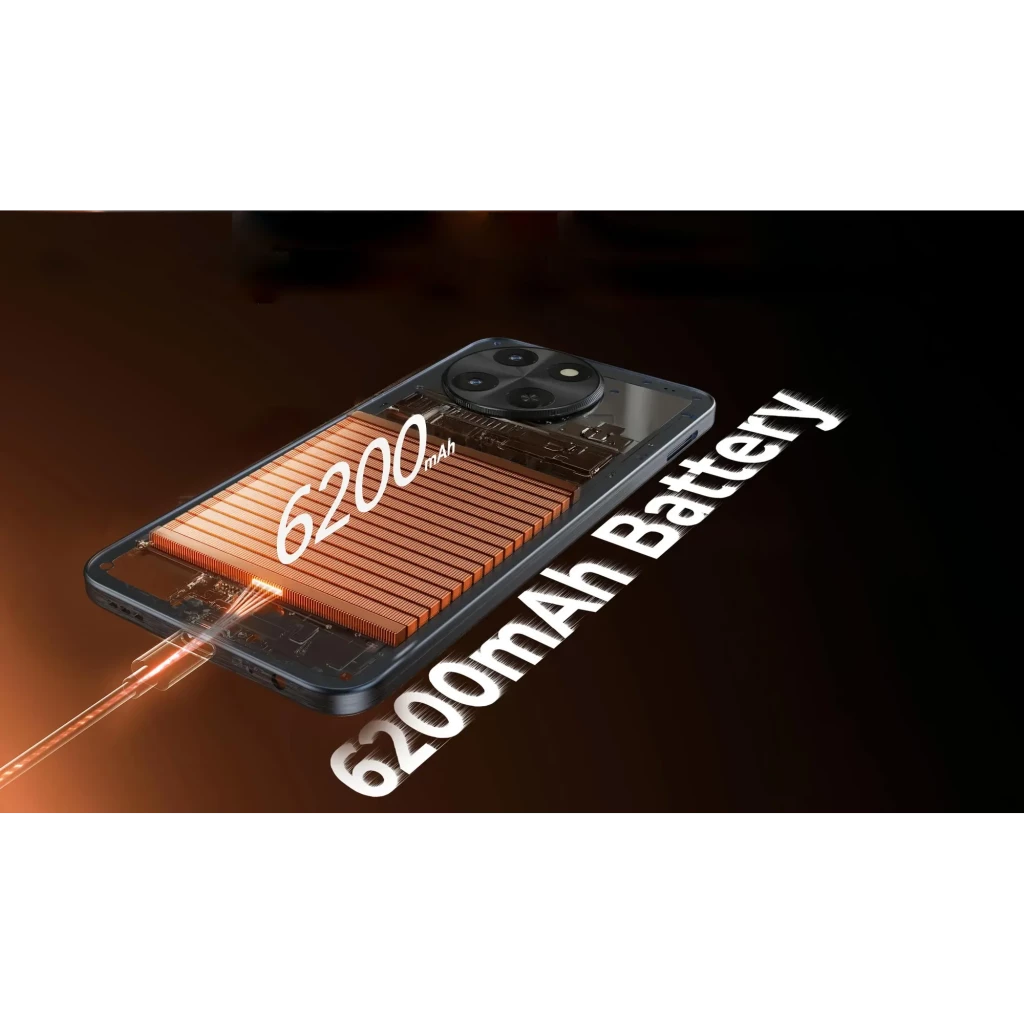 Hotwav Note 18 Pro negro con módulo de cámara triple y batería de 6200 mAh destacada; diseño translúcido mostrando disipación interna y acabado moderno