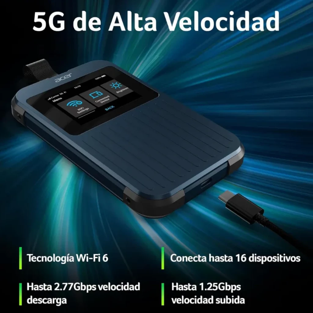 Hotspot 5G Acer Connect Enduro M3 con pantalla táctil, cuerpo robusto azul, WiFi 6, correa lateral y puerto USB-C; conecta múltiples dispositivos