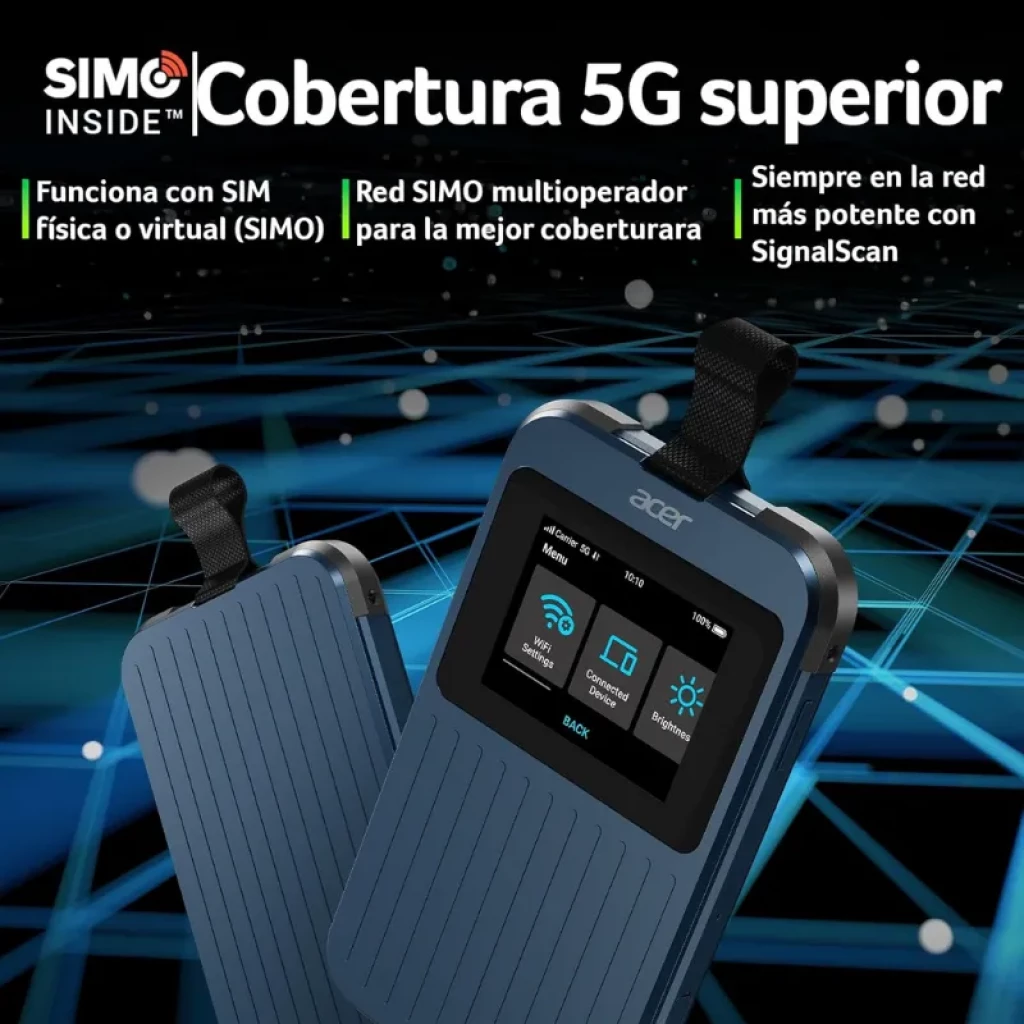 Hotspot 5G portátil Acer en color azul, carcasa rugerizada con correa, pantalla a color con menús, puertos laterales y diseño acanalado