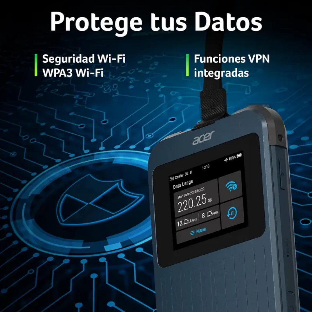 Acer Connect Enduro M3 5G Hotspot WiFi 6 con pantalla a color, datos en tiempo real, puerto superior para antena, cuerpo robusto y enfoque en seguridad WPA3