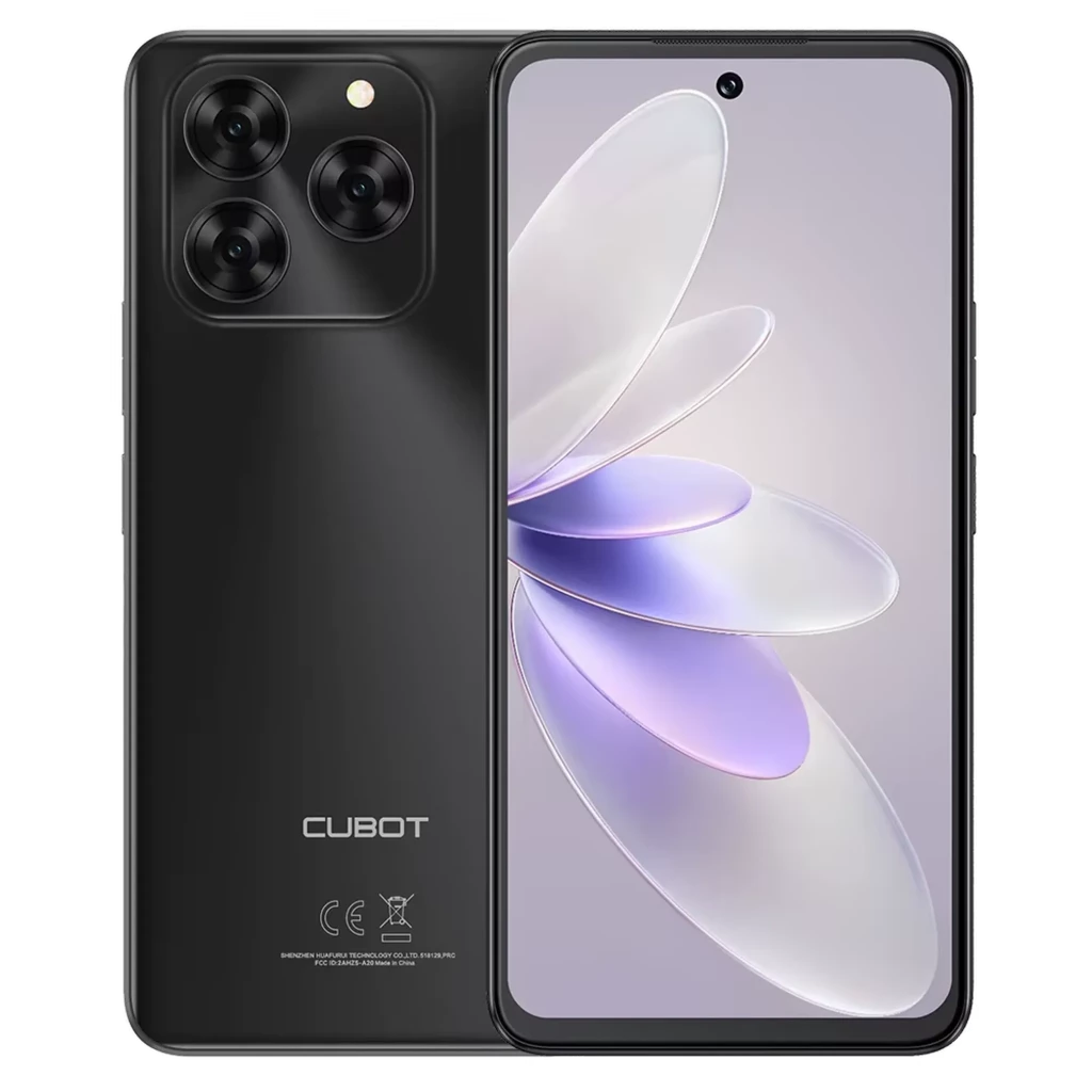 Cubot Note 60 negro con pantalla de 7.2 pulgadas, frontal con cámara en agujero y trasera con triple cámara en módulo cuadrado, logo Cubot visible