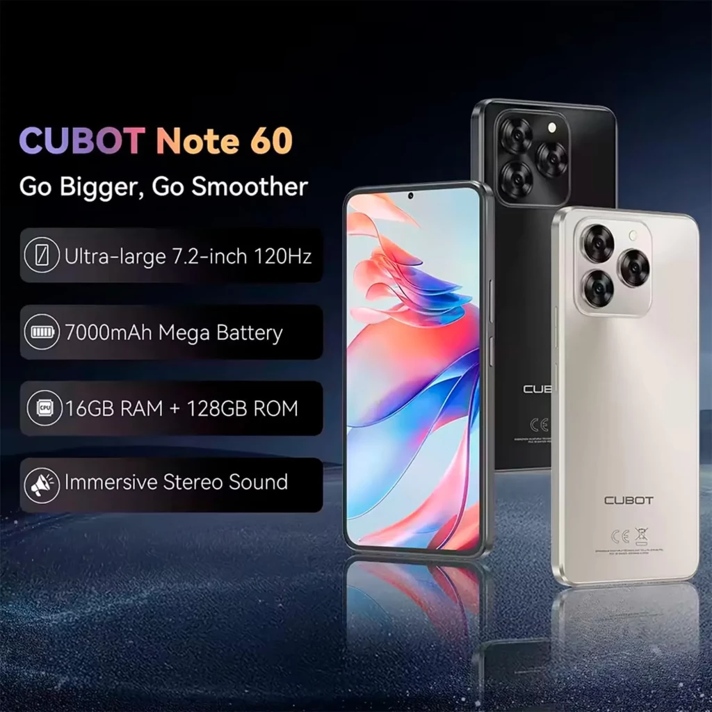 Cubot Note 60 negro con pantalla 7.2 pulgadas casi sin bordes, cámara trasera triple en módulo cuadrado, frontal perforado y acabado brillante