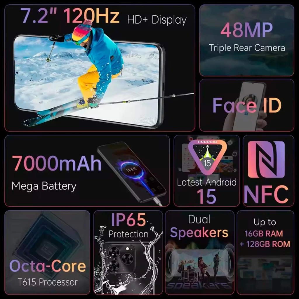 Cubot Note 60 128GB negro con pantalla 7.2 pulgadas 120Hz, triple cámara 48MP, batería 7000mAh, Face ID, NFC, IP65, altavoces duales y Android 15