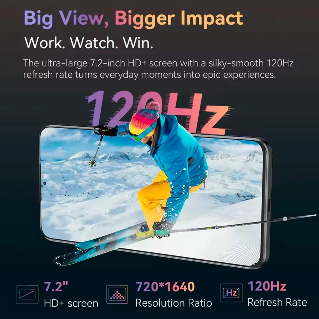 Cubot Note 60 negro con pantalla 7.2 pulgadas HD 720x1640 y tasa de refresco 120 Hz, borde delgado y colores vivos que realzan contenido y videojuegos