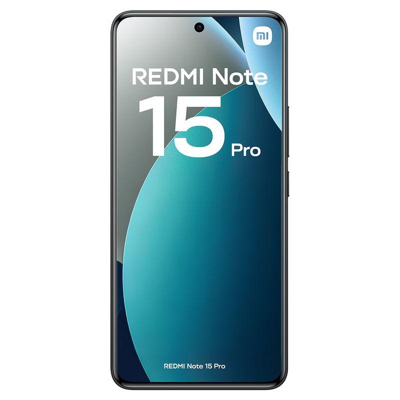 Xiaomi Redmi Note 15 Pro 4G preto com ecrã AMOLED FullHD+ de 120 Hz, câmara frontal em furo central e molduras finas; texto REDMI Note 15 Pro no visor